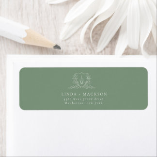 Chic Sage Green botanical crest monogram wedding Label
