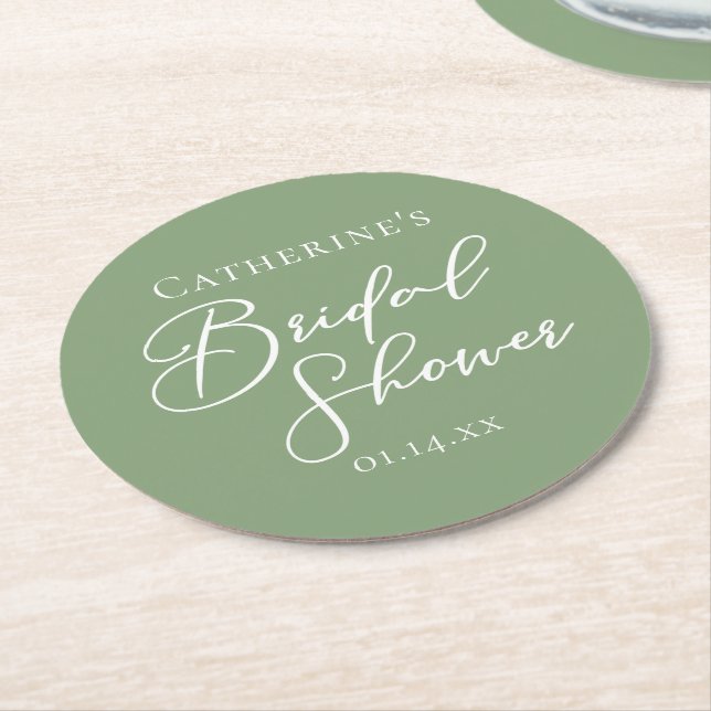 Chic Sage Green Bridal Shower Personalized Round Paper Coaster (Angled)