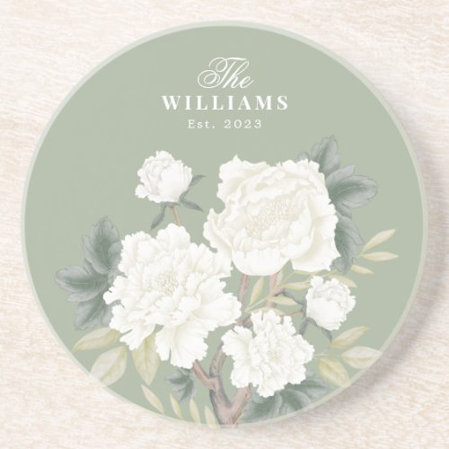 Chic Sage Green Chinoiserie Floral Family Monogram Coaster
