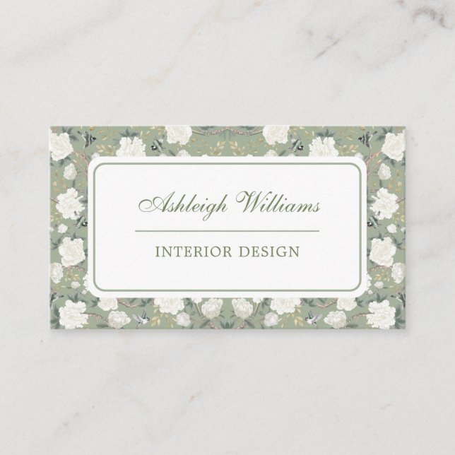 Chic Sage Green Chinoiserie Flower Interior Design Business Card (Front)