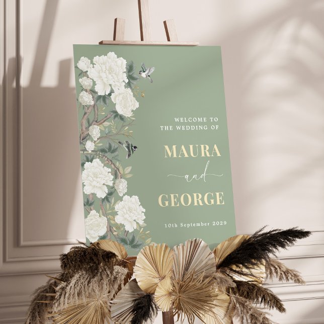 Chic Sage Green Chinoiserie Garden Wedding Welcome Foam Board (Creator Uploaded)