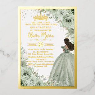Chic Sage Green Floral Brown Princess Quinceañera  Foil Invitation