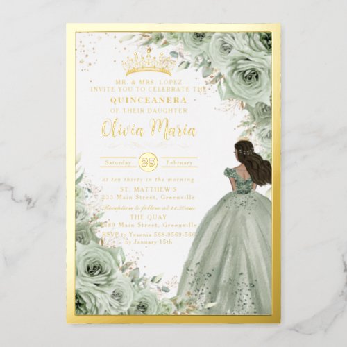 Chic Sage Green Floral Brown Princess Quinceaera  Foil Invitation