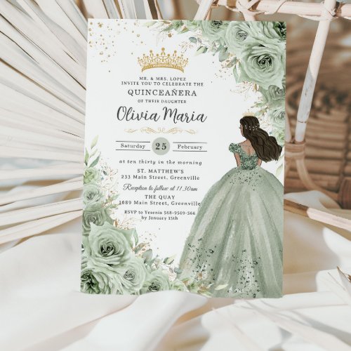 Chic Sage Green Floral Brown Princess Quinceaera  Invitation