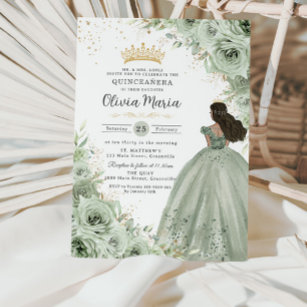 Chic Sage Green Floral Brown Princess Quinceañera  Invitation