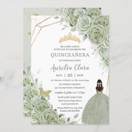 Chic Sage Green Floral Brown Princess Quinceañera Invitation | Zazzle
