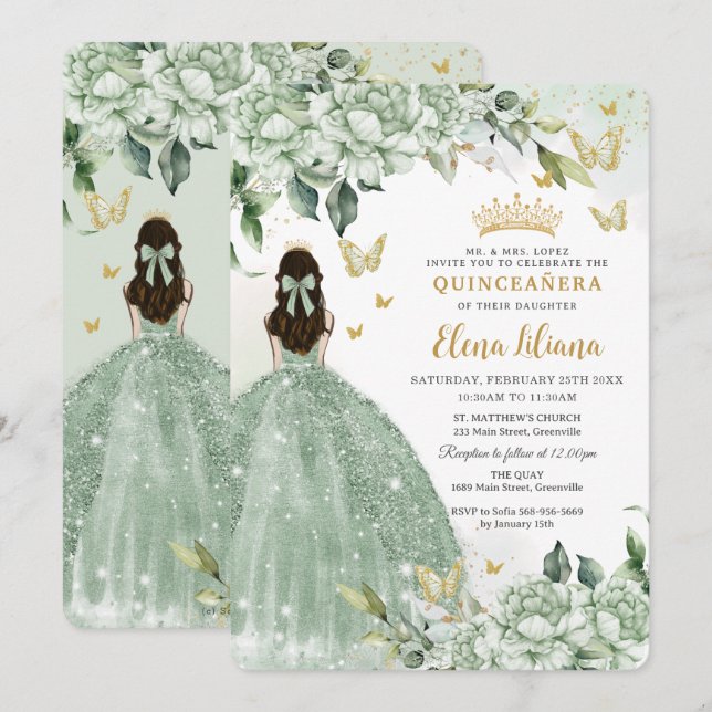 Chic Sage Green Floral Butterflies Quinceañera  Invitation (Front/Back)