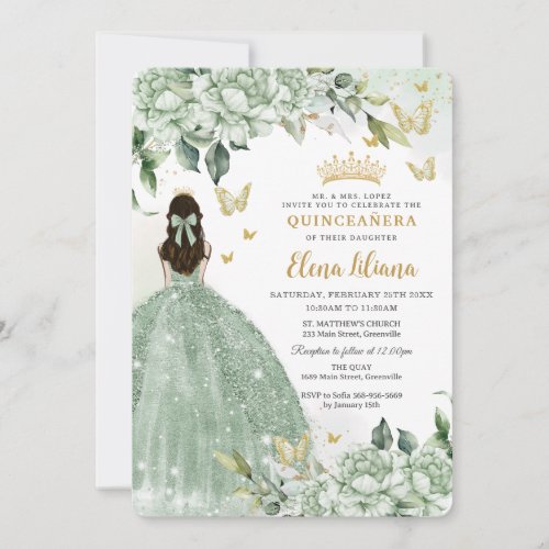 Chic Sage Green Floral Butterflies Quinceañera 