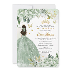 Chic Sage Green Floral Butterflies Quinceañera  Invitation