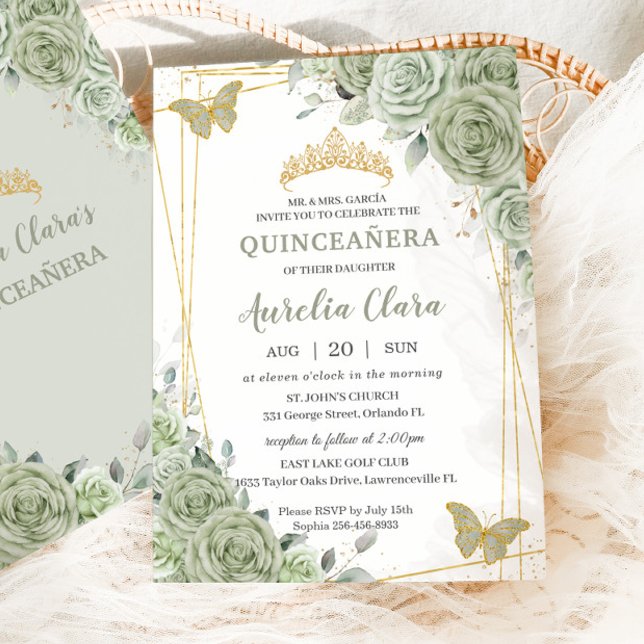 Chic Sage Green Floral Butterflies Quinceañera Invitation (Creator Uploaded)