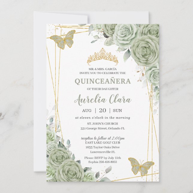 Chic Sage Green Floral Butterflies Quinceañera Invitation (Front)