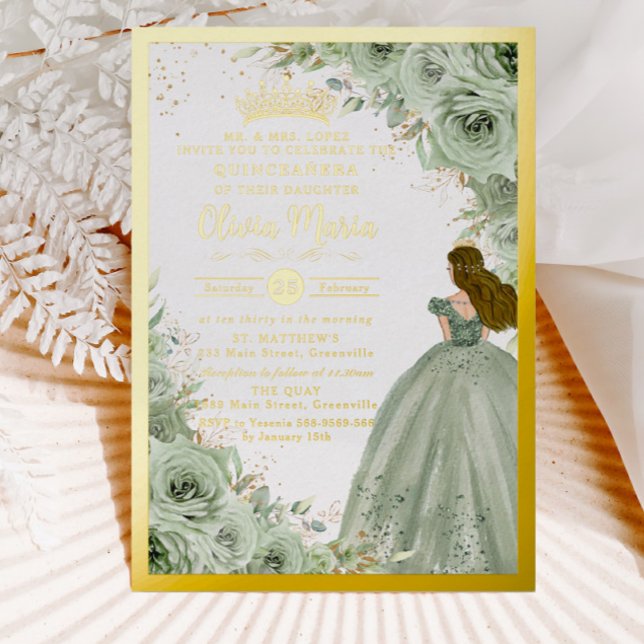 Chic Sage Green Floral Princess Gold Quinceañera  Foil Invitation (Creator Uploaded)
