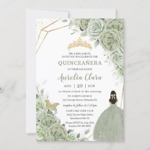Chic Sage Green Floral Princess Gold Quinceañera Invitation