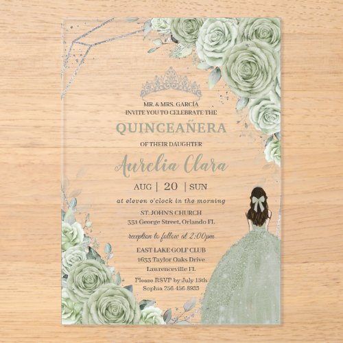 Chic Sage Green Floral Princess Silver Quincea&#241;era Acrylic Invitations