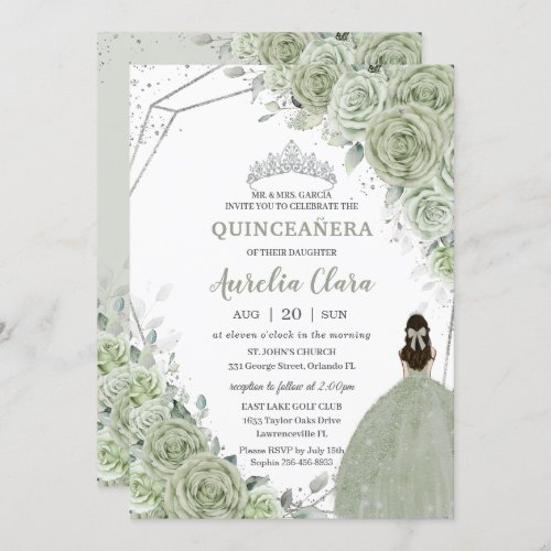 Chic Sage Green Floral Princess Silver Quinceaera Invitation