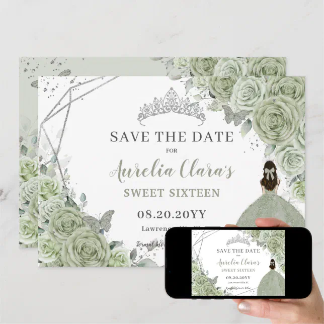 Chic Sage Green Floral Quinceanera Sweet Sixteen Save The Date | Zazzle