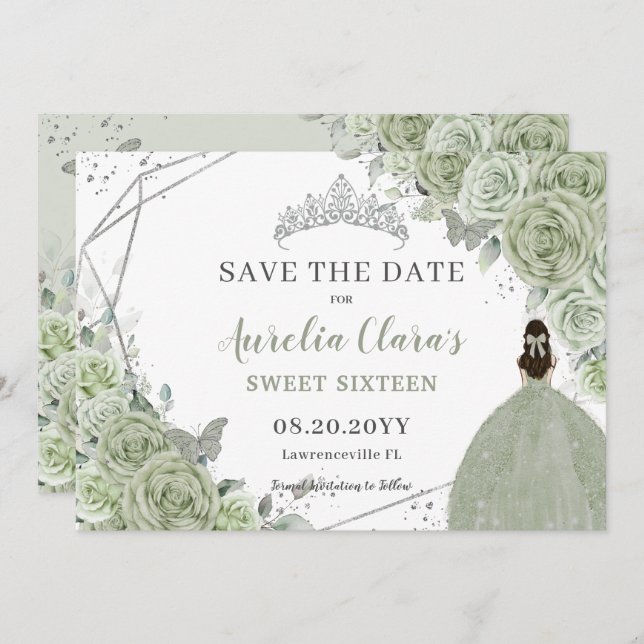 Chic Sage Green Floral Quinceanera Sweet Sixteen Save The Date (Front/Back)