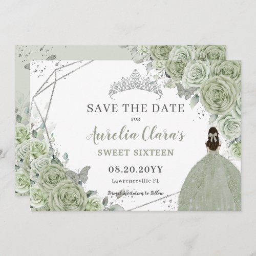 Chic Sage Green Floral Quinceanera Sweet Sixteen Save The Date