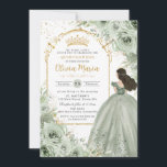 Chic Sage Green Floral Roses Princess Quinceañera  Invitation<br><div class="desc">Personalize this elegant sage green floral Quinceañera / Sweet 16 birthday invitation easily and quickly. Simply click the customize it further button to edit the texts, change fonts and fonts colors. Featuring soft watercolor sage green flowers, a girl dressed in a lovely sage green ball gown and a gold princess...</div>