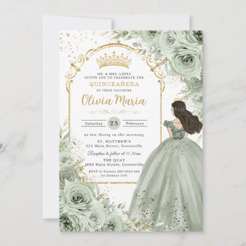 Chic Sage Green Floral Roses Princess Quinceaera  Invitation