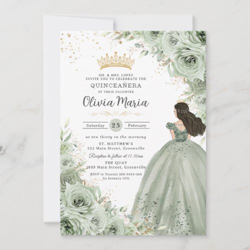 Chic Sage Green Floral Roses Princess Quinceaera  Invitation