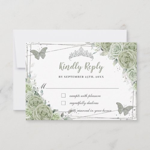 Chic Sage Green Floral Silver XV 15 16 Quinceañera
