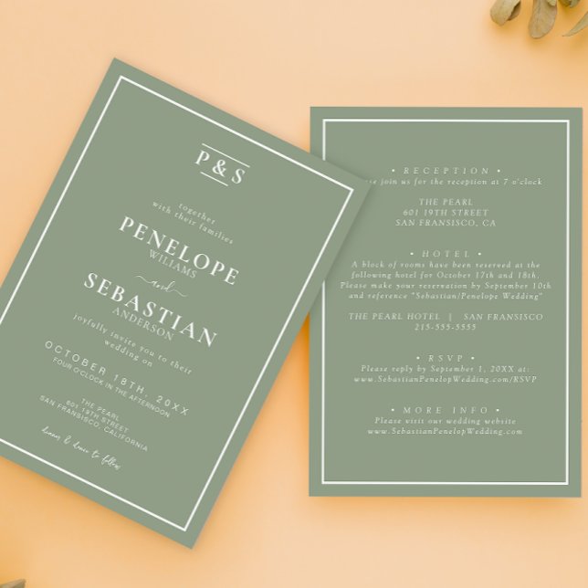 Chic Sage Green Formal Monogram All In One Wedding Invitation (Creator Uploaded)
