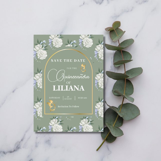 Chic Sage Green Gold Arch Butterflies Quinceañera Save The Date (Creator Uploaded)