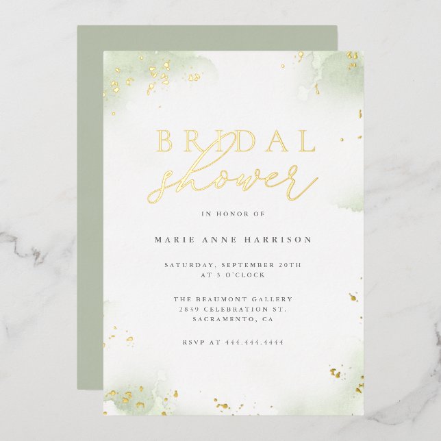 Chic Sage Green Gold Dust Bridal Shower Foil Invitation (Front/Back)