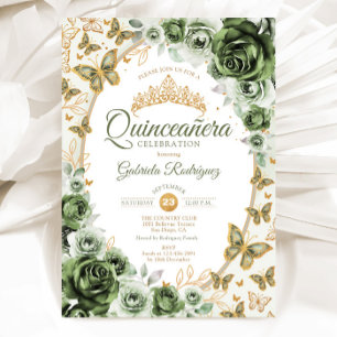 Chic Sage Green Gold Floral Quinceanera Invitation