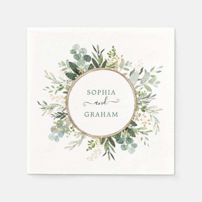 Chic Sage Green Gold Garden Greenery Wedding Napkins (Front)