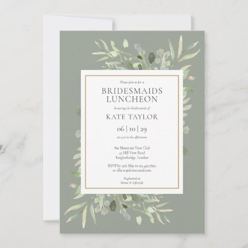 Chic Sage Green Gold Greenery Bridesmaids Luncheon Invitation - Featuring delicate watercolor greenery leaves on a sage green background, this chic bridesmaids luncheon invitation can be personalized with your special celebration event information. Designed by Thisisnotme©