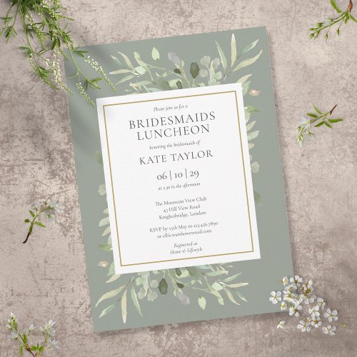 Chic Sage Green Gold Greenery Bridesmaids Luncheon Invitation