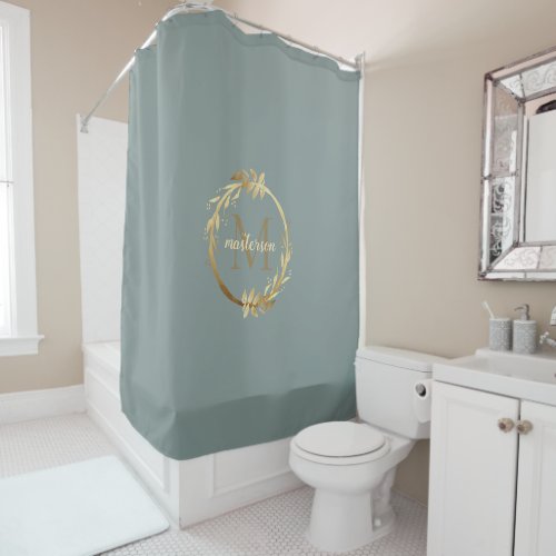 Chic Sage Green Gold Monogram Eucalyptus Wreath Shower Curtain