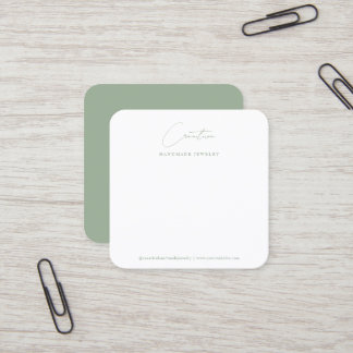 Chic Sage Green Handwritten Script Jewelry Display Square Business Card