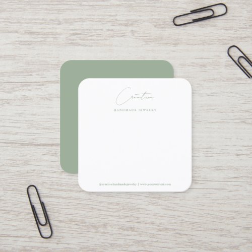 Chic Sage Green Handwritten Script Jewelry Display Square Business Card