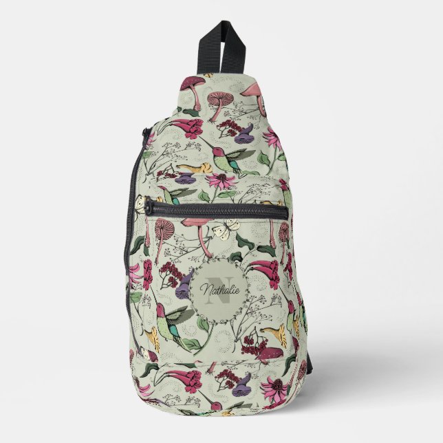 Chic Sage Green Hummingbird, Foliage & Flowers Sling Bag (Front)