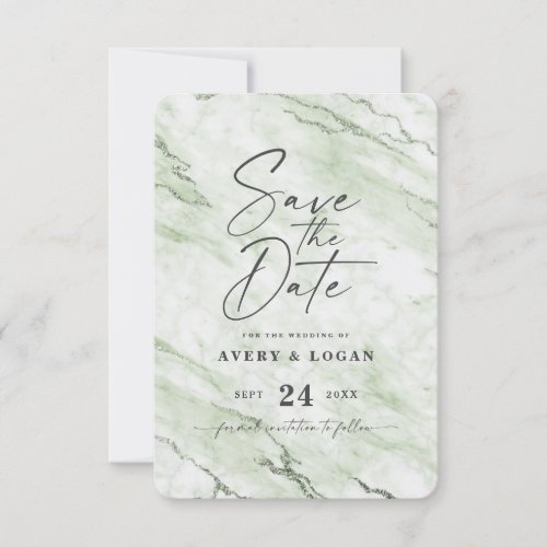 Chic Sage Green Marble with Juniper Foil Details Save The Date