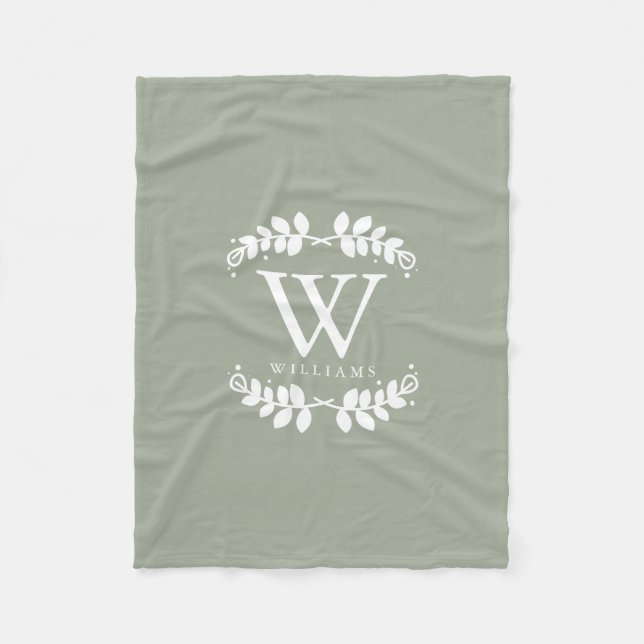 Chic Sage Green Monogram Fleece Blanket (Front)