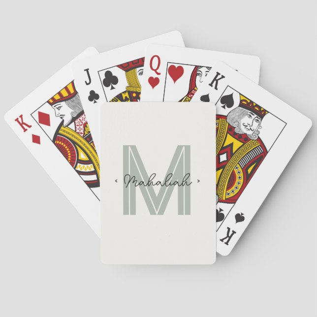 Chic Sage Green Monogram Script Name Poker Cards (Back)