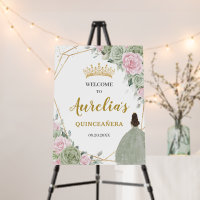 Chic Sage Green Pink Floral Quinceañera Welcome