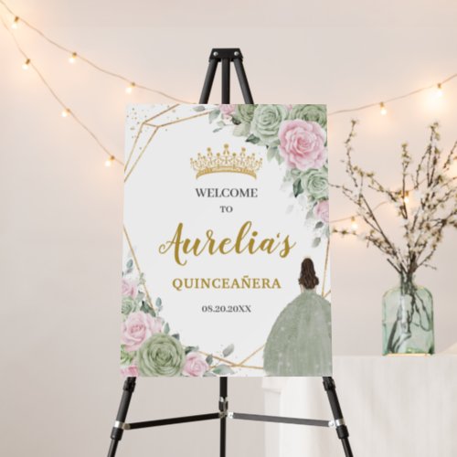 Chic Sage Green Pink Floral Quinceaera Welcome Foam Board