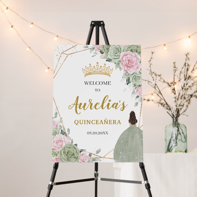 Chic Sage Green Pink Floral Quinceañera Welcome Foam Board (In Situ (Stand))