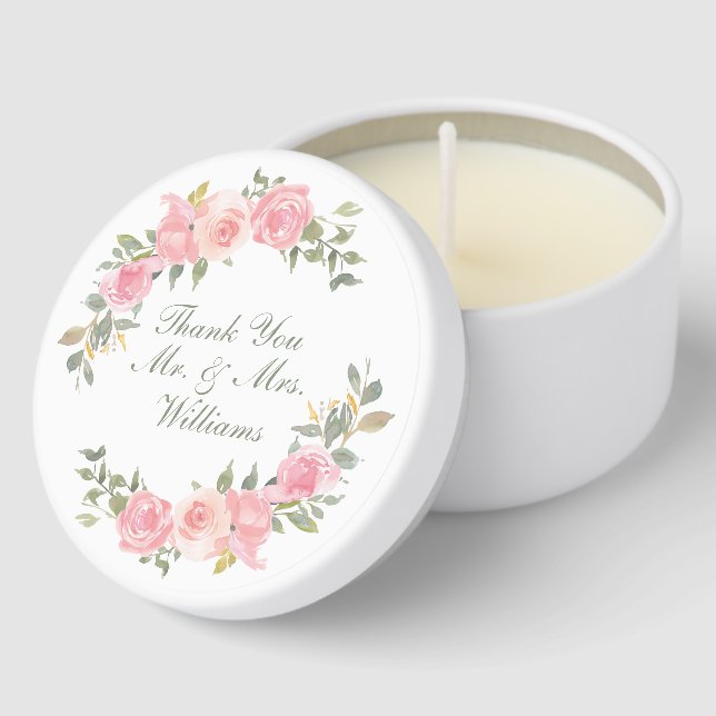 Chic Sage Green & Pink Floral Wreath Wedding Mini Candle Favors (Corner)