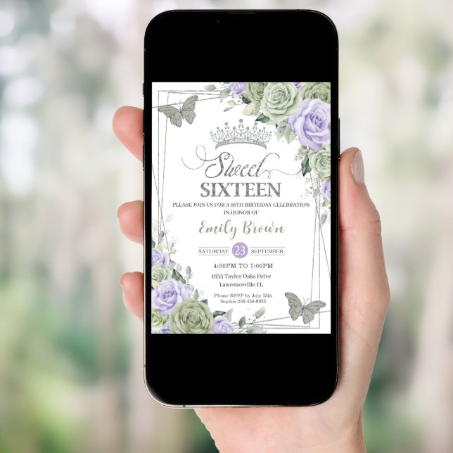 Chic Sage Green Purple Floral Butterflies Sweet 16 Invitation (Front Digital)