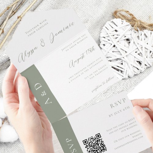 Chic Sage Green QR Code All in One Wedding Invite