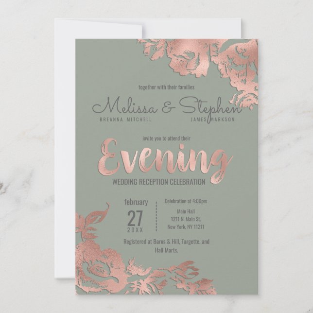 Chic Sage Green Rose Gold Floral Evening Invitation (Front)
