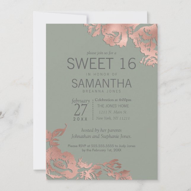 Chic Sage Green Rose Gold Floral Sweet 16 Invitation (Front)