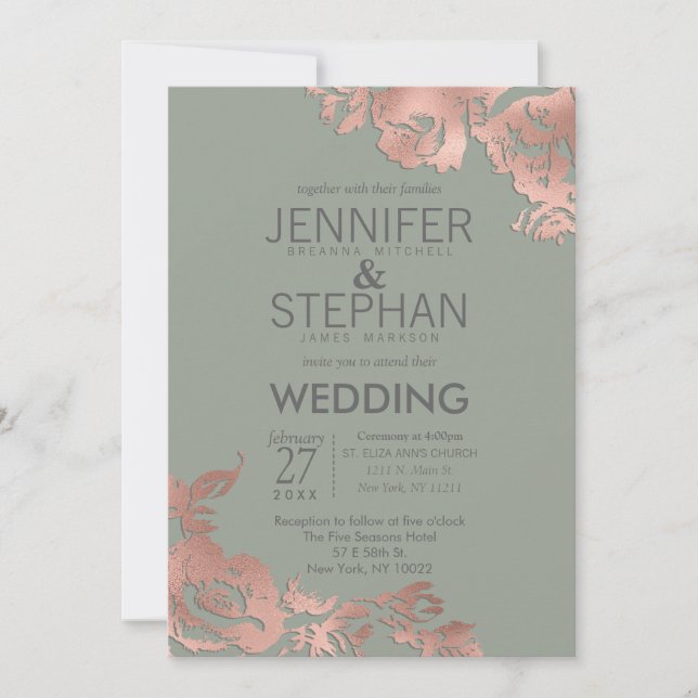 Chic Sage Green Rose Gold Floral Wedding Invitation (Front)