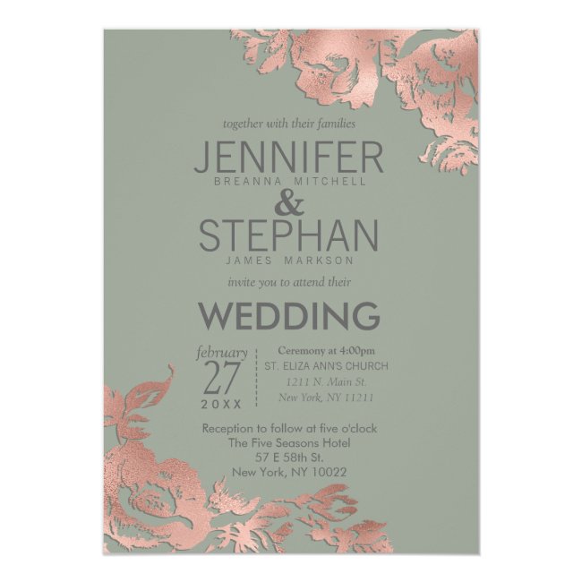 Chic Sage Green Rose Gold Floral Wedding Invitation